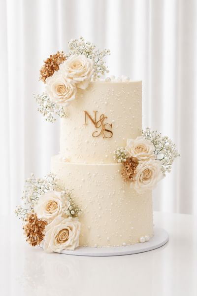 2 tier Wedding Cake+6 roses_30 portions_650 dhs 2 Tier Wedding Cake +6 Roses (30 Portions) - Image 1