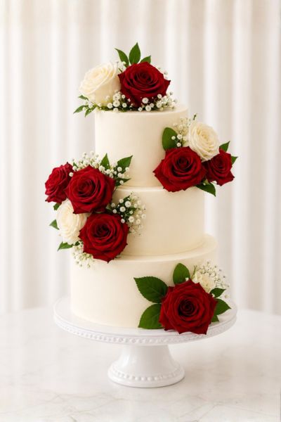 3 tier wedding +10 roses_30 portions_650 dhs 3 Tier Wedding Cake +10 Roses (30 Portions) - Image 1